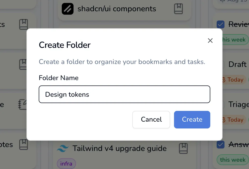 The Create Folder dialog over a dimmed board, with a folder name typed in
