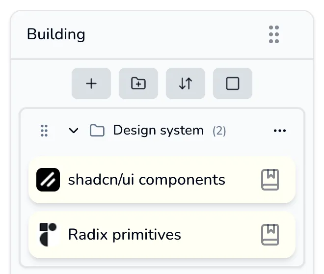 A column called Building: its title row, its four toolbar buttons, and an open folder holding two bookmarks