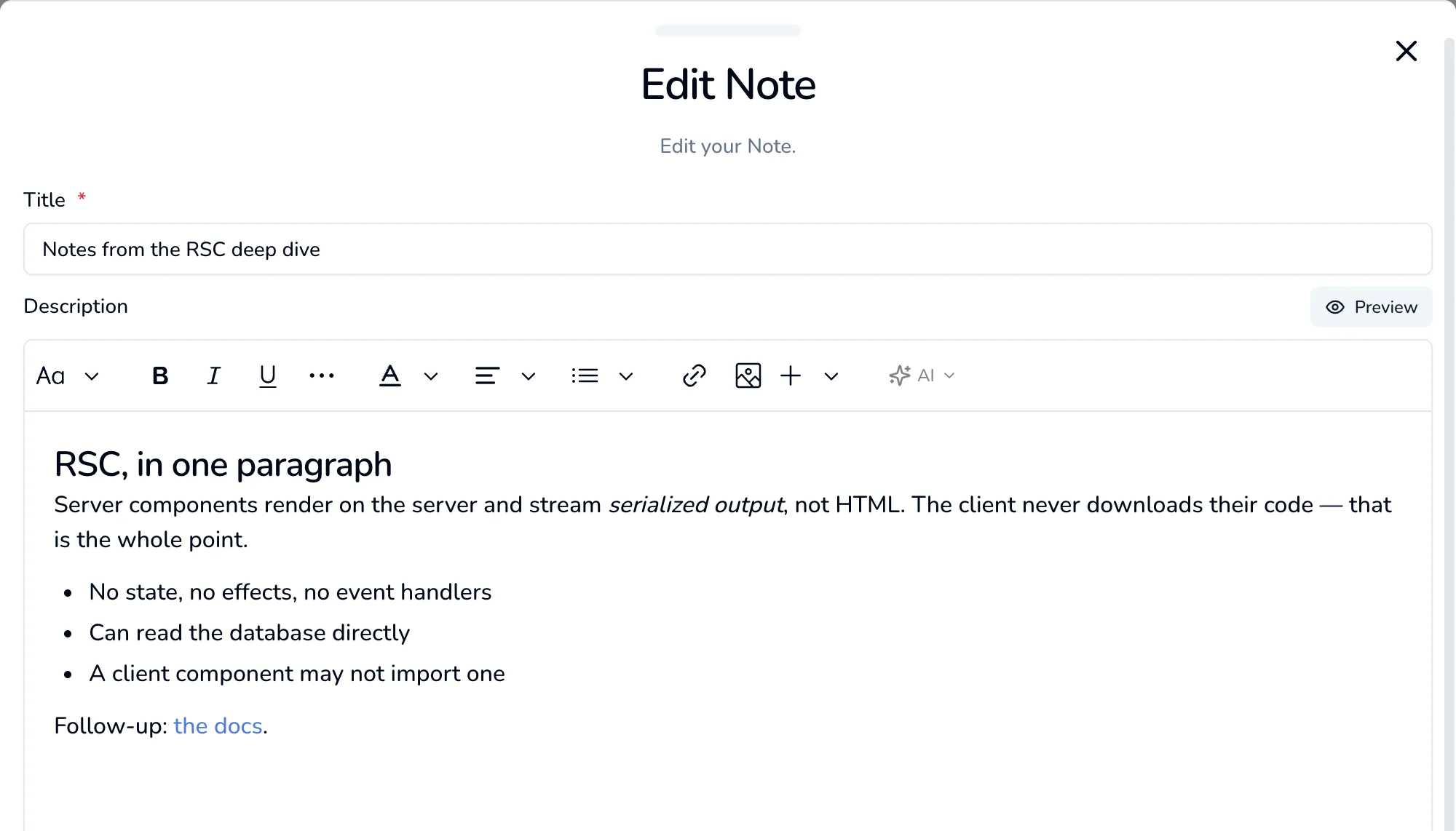 The Edit Note drawer: a title field, the Preview toggle, the formatting toolbar and a formatted note