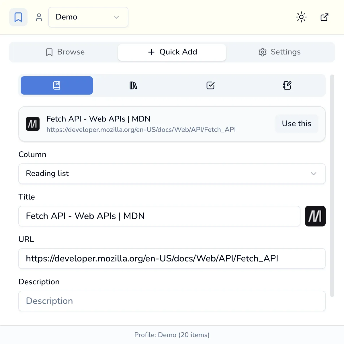 The popup on the Quick Add tab, with the current tab offered as a prefill