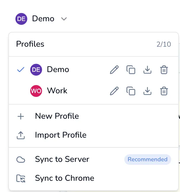 The profile menu, showing two profiles, the 2/10 counter, and the create, import and sync actions