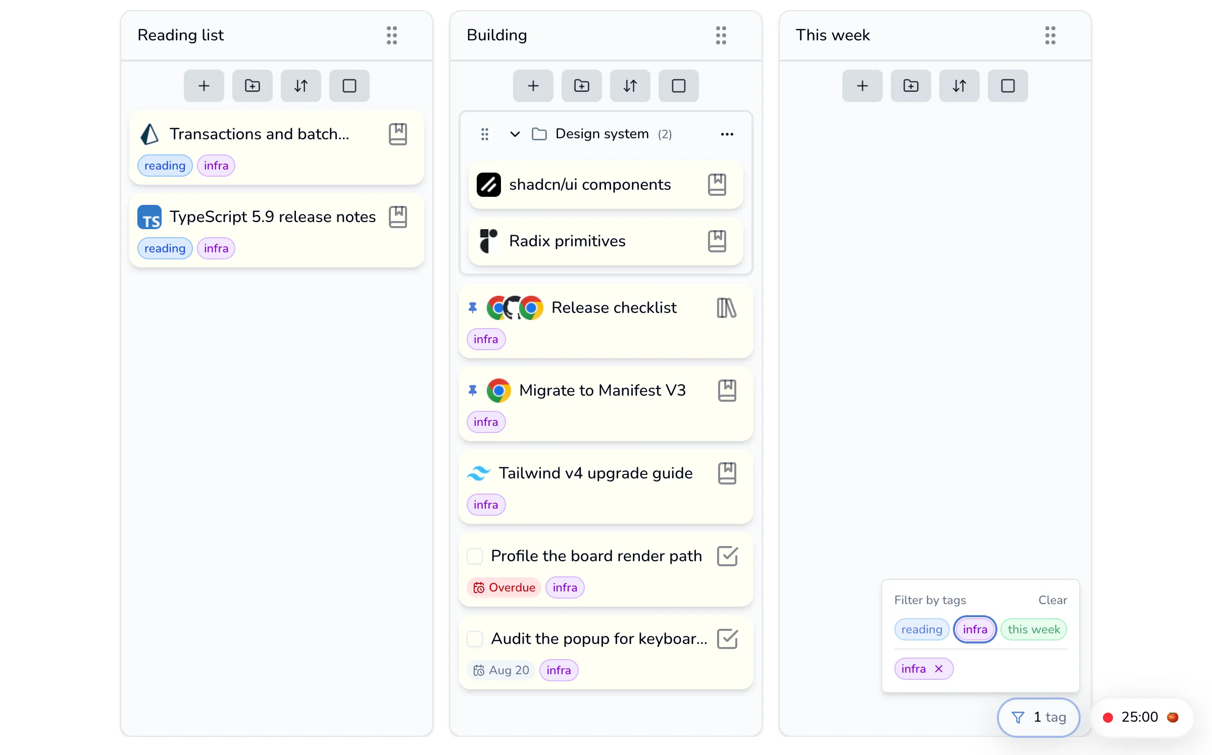 The board narrowed by the infra tag, with the filter popover open