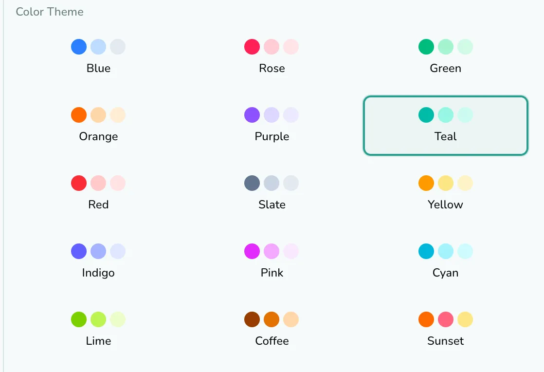 The Color Theme picker: fifteen named swatch groups in a three-column grid, with Teal selected